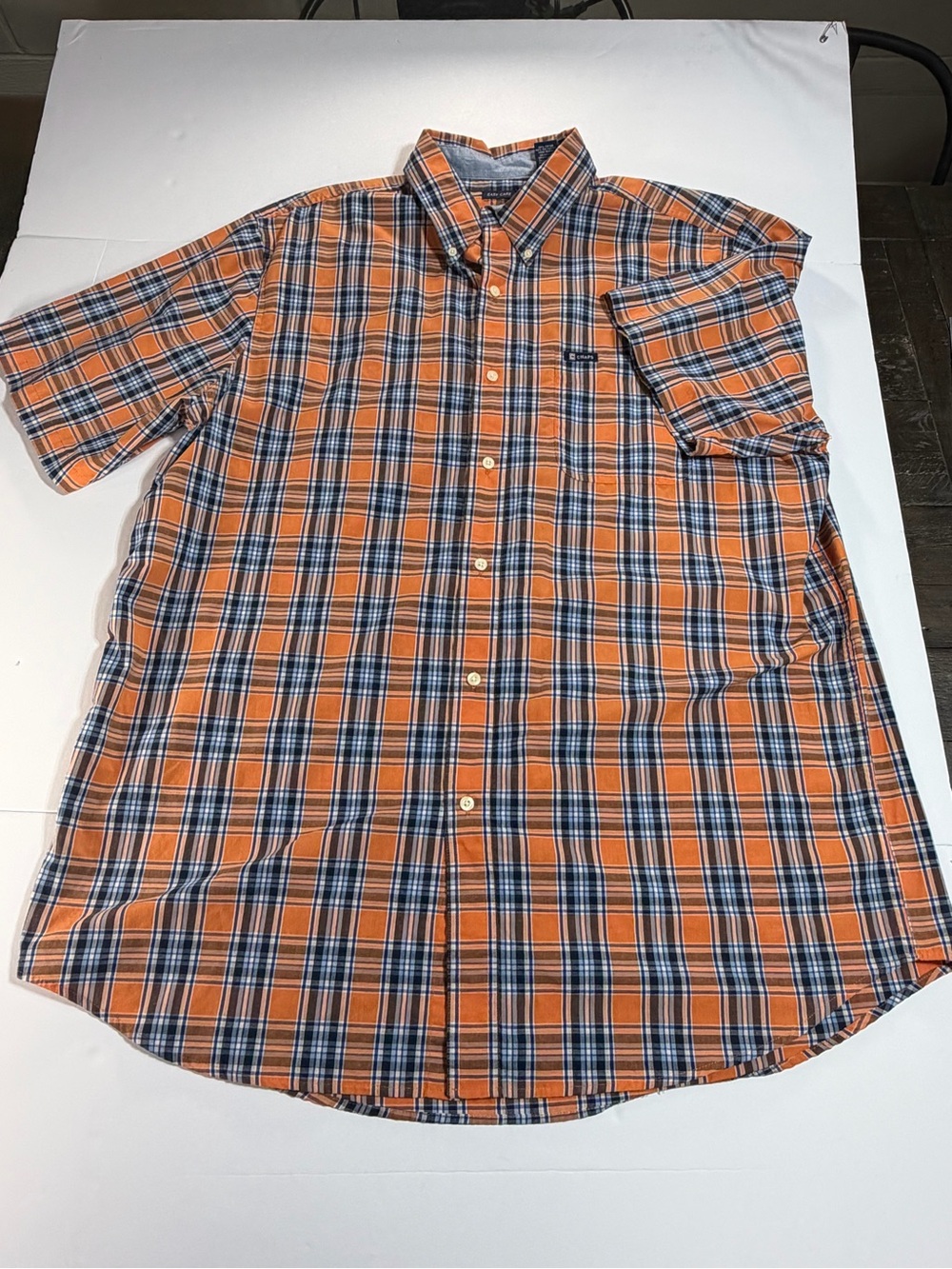 Chaps Men's Easy Care Plaid Button Down Shirt Orange Navy XLT